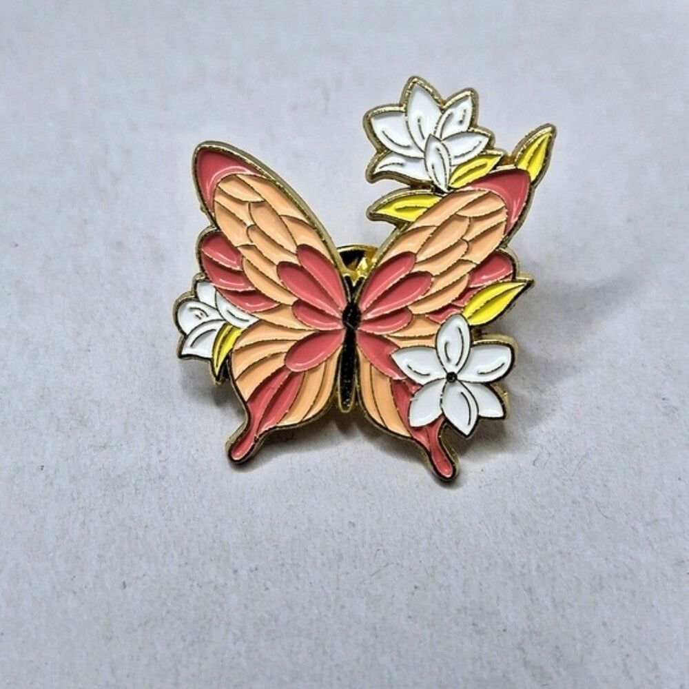 Pink and yellow floral butterfly pin brooch